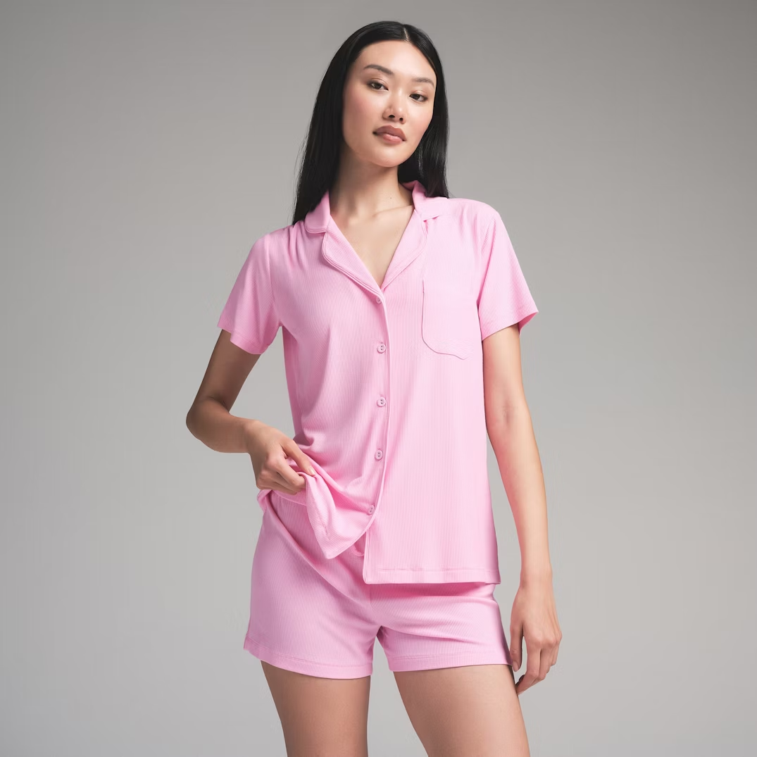 Women Ribbed Short Sleeve Button Down Pajama 