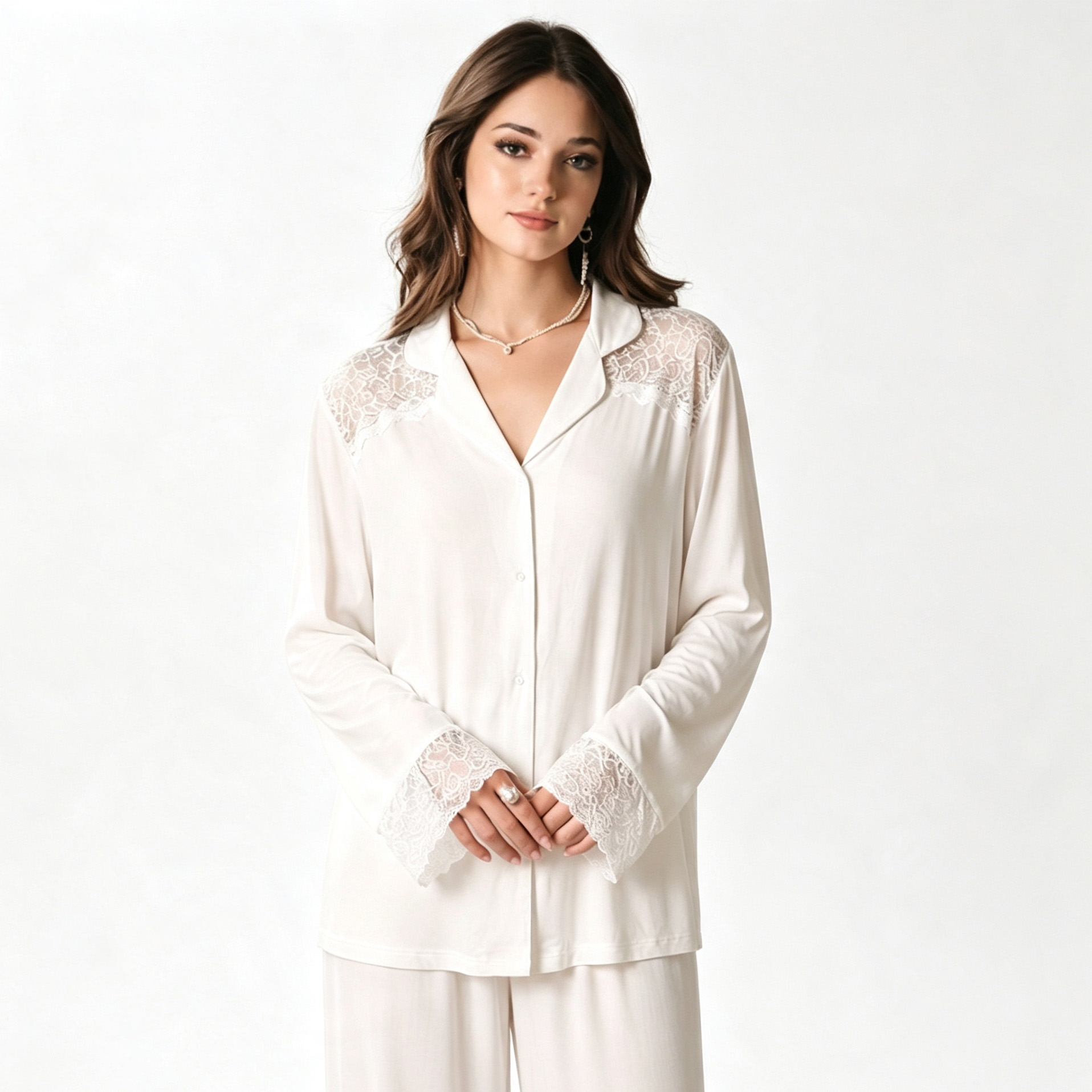 Women Modal Long Sleeve Button Down Pajama Set, Black Lace Trim Sleep Set