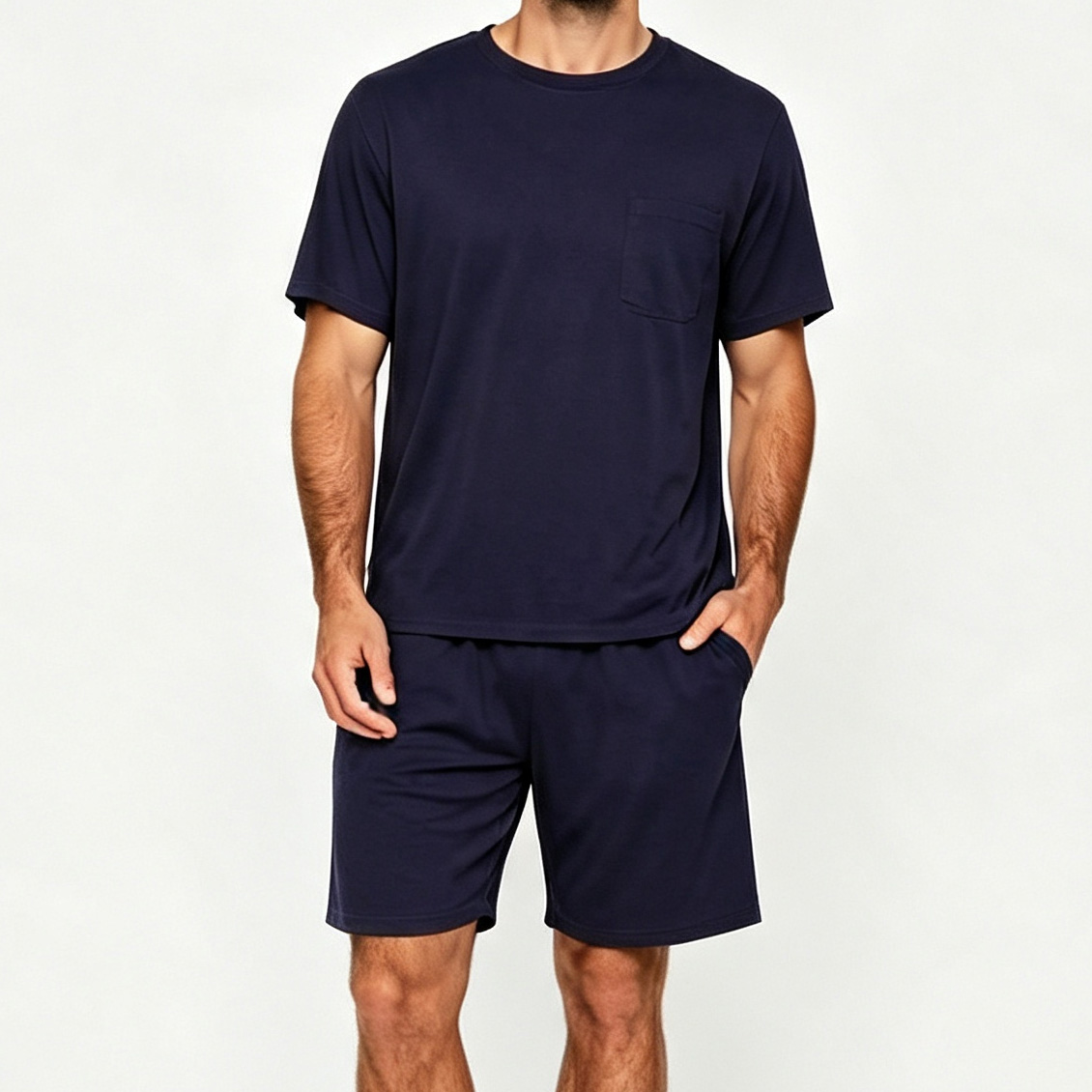 Men Modal Short Sleeve Crew Neck Pajama Set, Navy Sleep Set